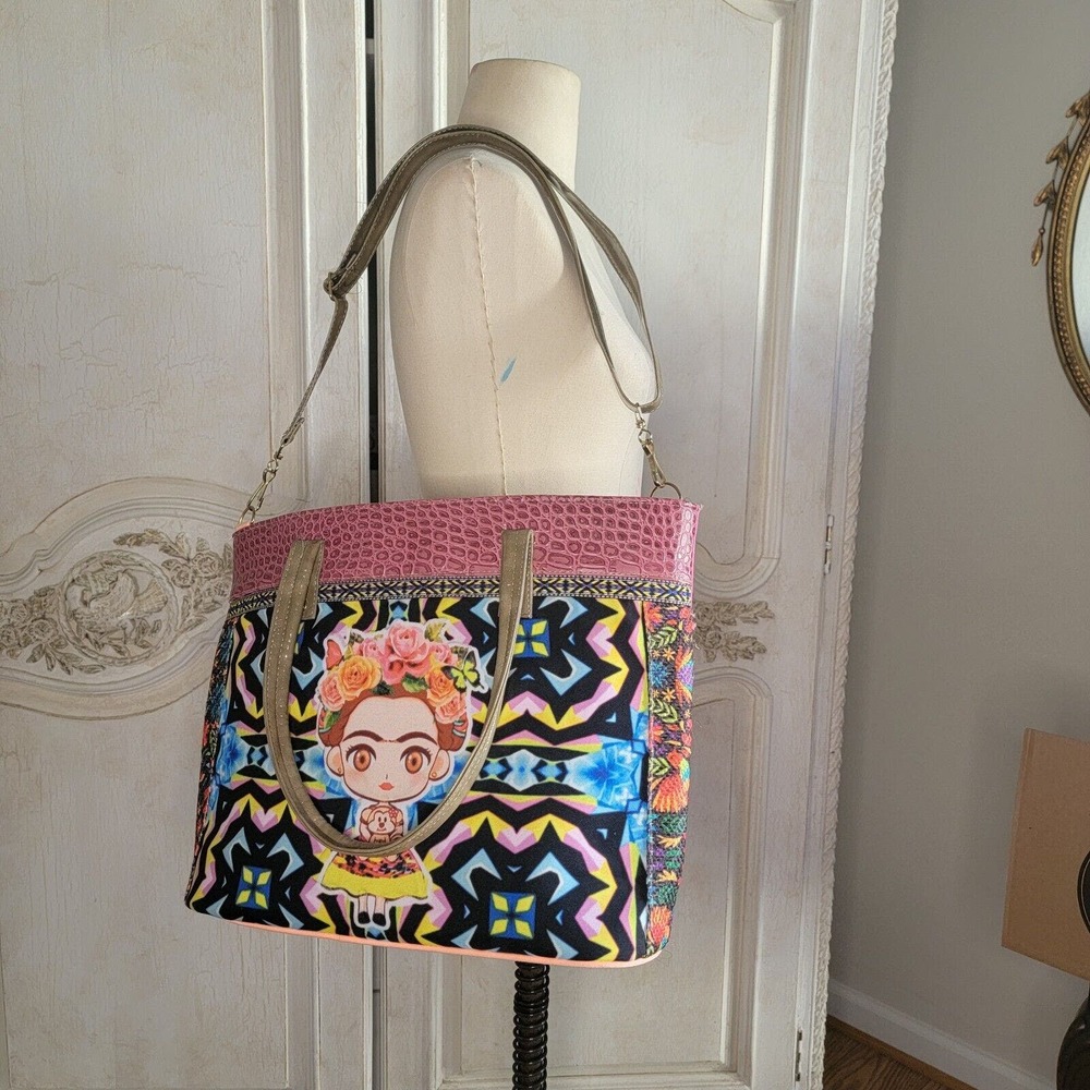 FRIDA KAHLO FAUX LEATHER SHOULDER TOTE BAG Zipper Top Large NEW